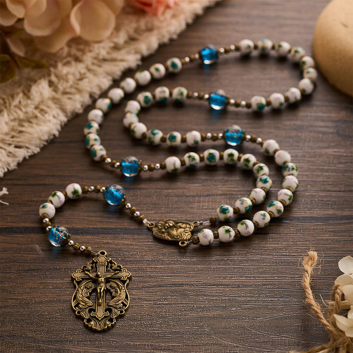 Solacebeads Orchid Ceramic &amp; Lampwork Floral Rosary With Holy Family &amp; Crucifix: Blossoms Of Faith - image 5