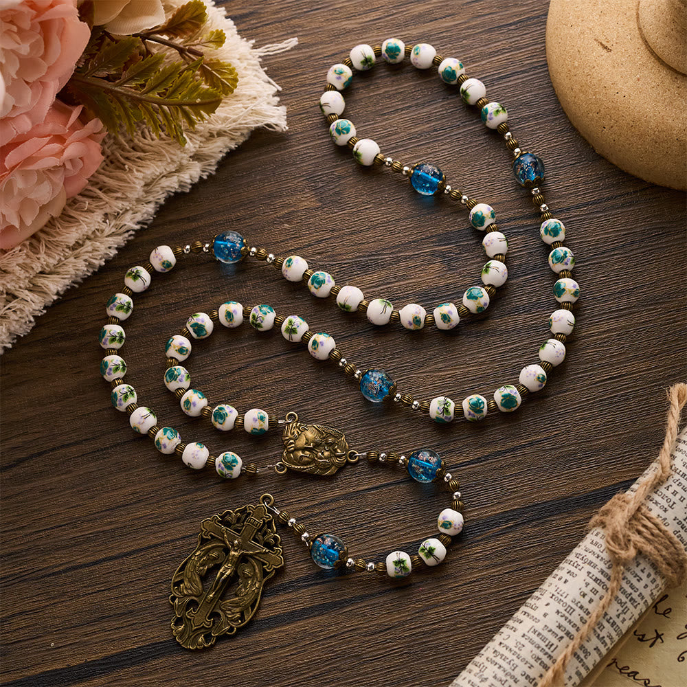 Solacebeads Orchid Ceramic &amp; Lampwork Floral Rosary With Holy Family &amp; Crucifix: Blossoms Of Faith - image 8