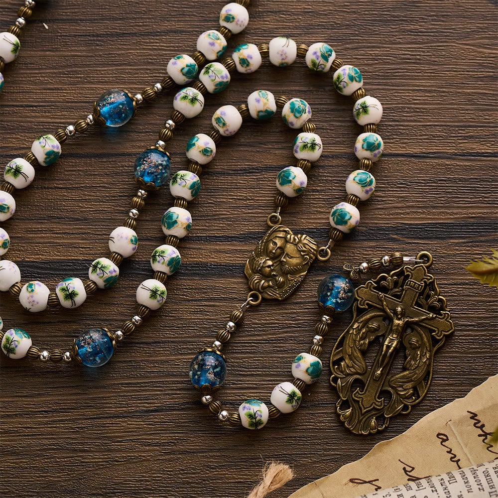 Solacebeads Orchid Ceramic & Lampwork Floral Rosary With Holy Family & Crucifix: Blossoms Of Faith - White Orchid - image 0