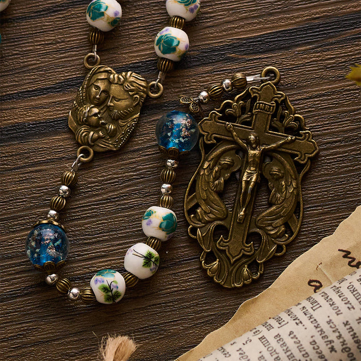 Solacebeads Orchid Ceramic &amp; Lampwork Floral Rosary With Holy Family &amp; Crucifix: Blossoms Of Faith - image 3