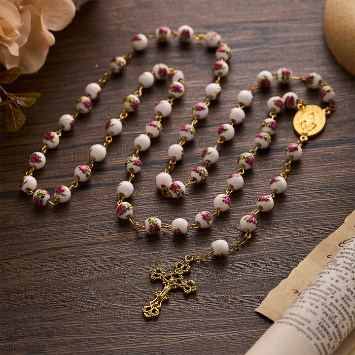 SolaceBeads Handcrafted Floral Ceramic Rosary: Where Purple Petals Meet Grace - image 3
