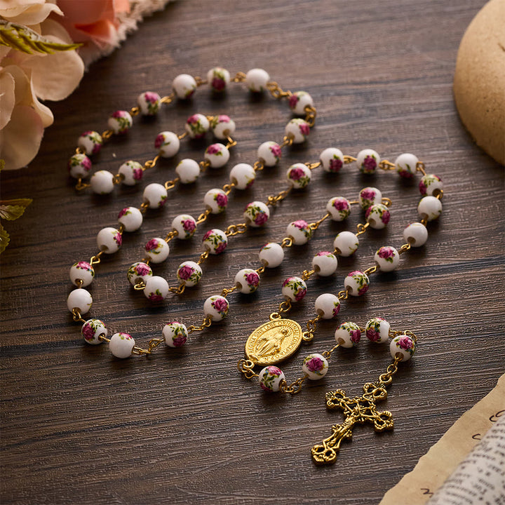 SolaceBeads Handcrafted Floral Ceramic Rosary: Where Purple Petals Meet Grace - image 7