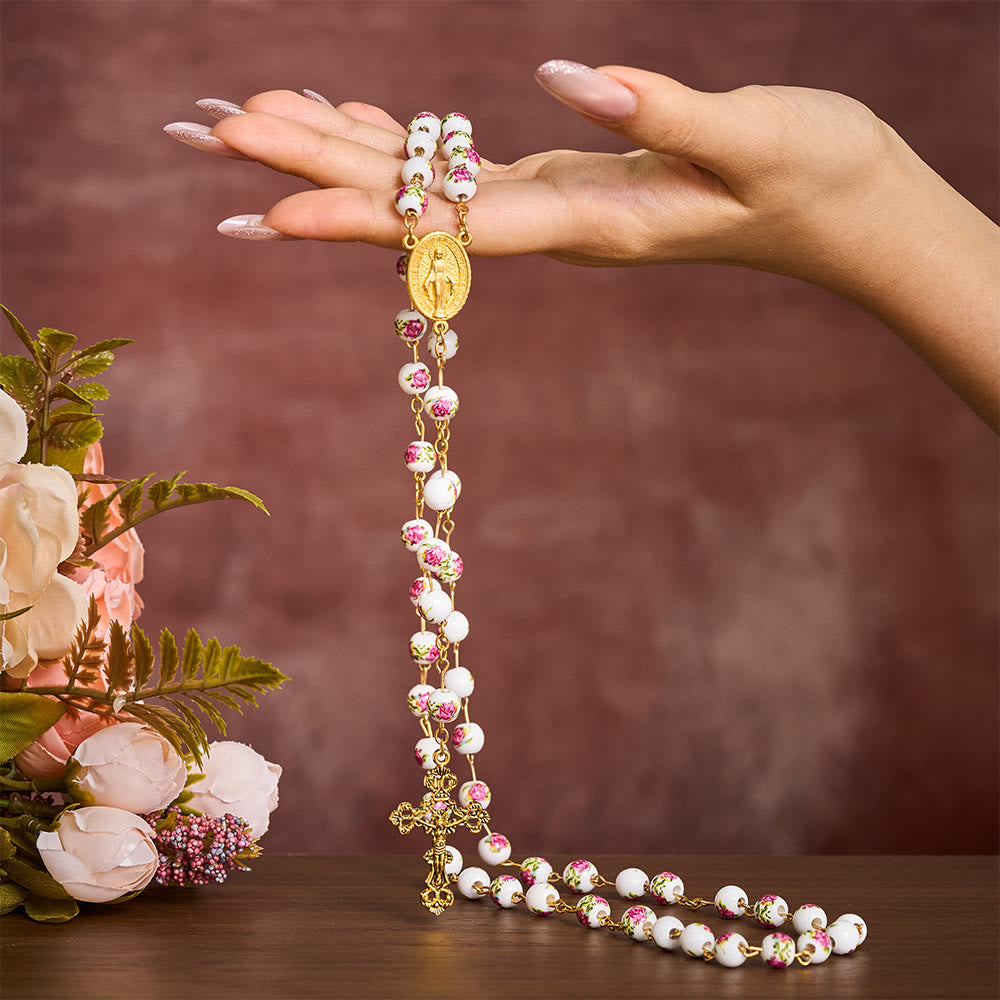 SolaceBeads Handcrafted Floral Ceramic Rosary: Where Purple Petals Meet Grace - image 1