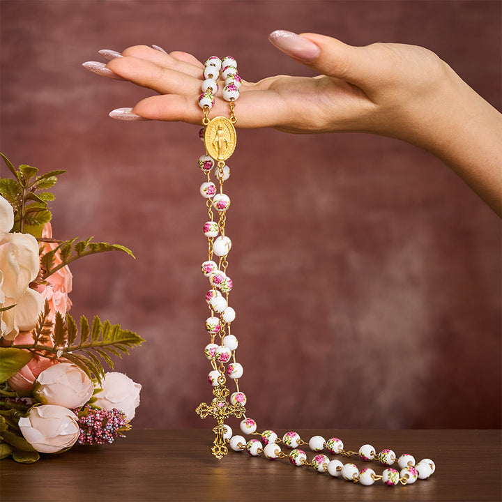 SolaceBeads Handcrafted Floral Ceramic Rosary: Where Purple Petals Meet Grace - image 1