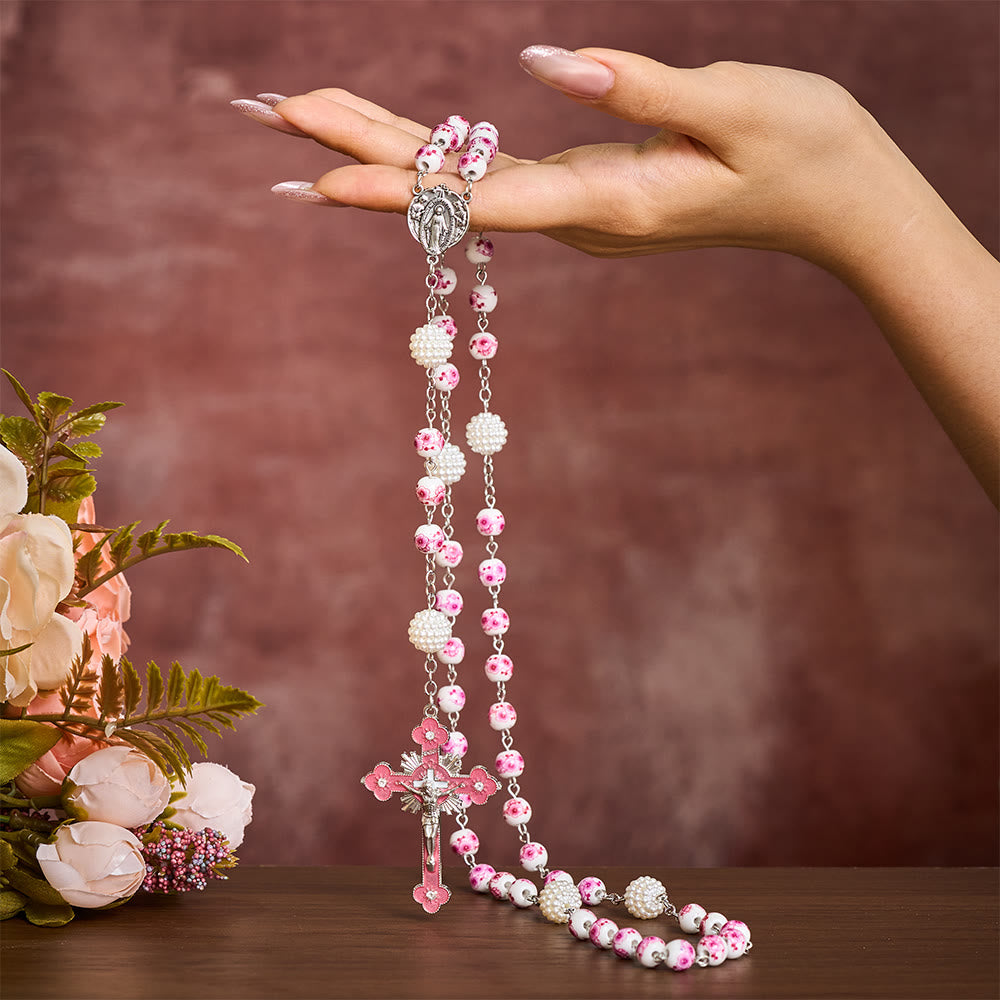 SolaceBeads Pink Peach Floral Rosary With Miraculous Medal &amp; Pink Crucifix: Grace in Every Blossom - image 1