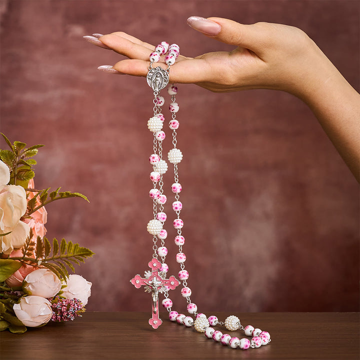 SolaceBeads Pink Peach Floral Rosary With Miraculous Medal &amp; Pink Crucifix: Grace in Every Blossom - image 1