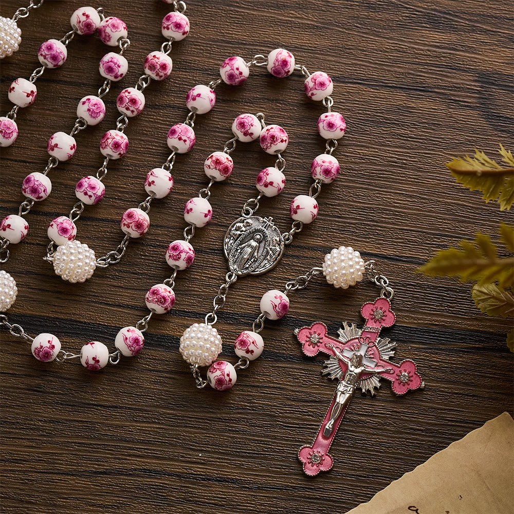 SolaceBeads Pink Peach Floral Rosary With Miraculous Medal & Pink Crucifix: Grace in Every Blossom - Pink - image 0