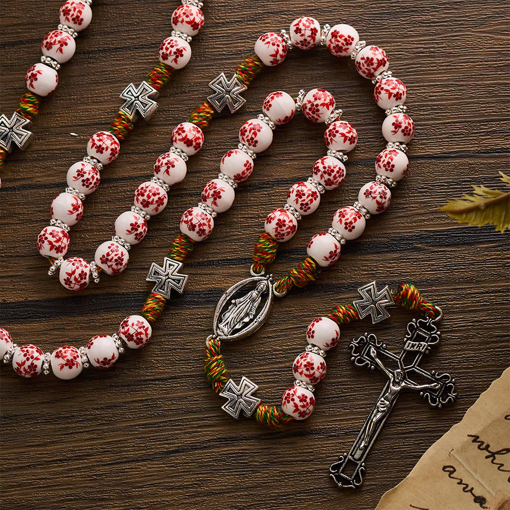 Solacebeads Red Floral Devotion Rosary: Timeless Sacred Grace - With Cross & Floral Ceramic Beads - red - image 0