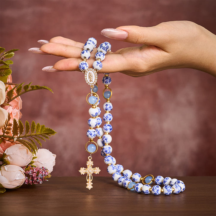 SolaceBeads Handcrafted Blue Floral Ceramic Rosary: A Tapestry of Grace in life - image 1