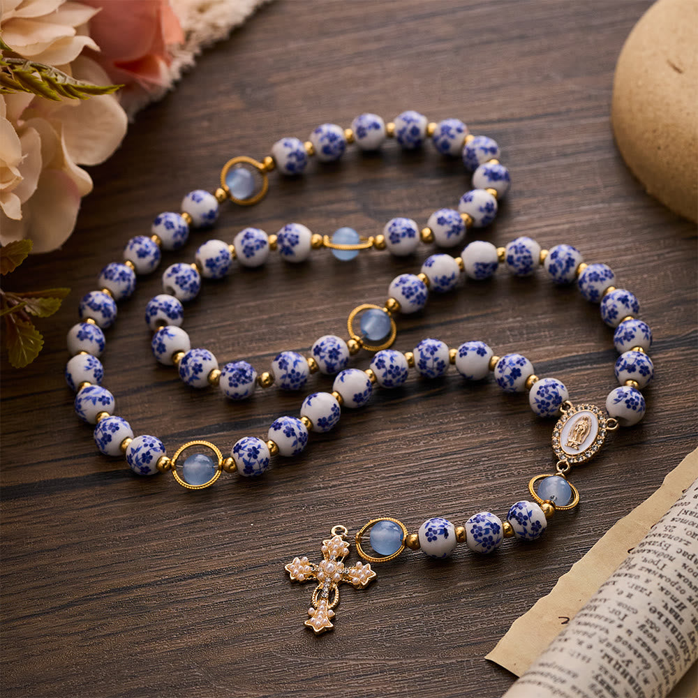 SolaceBeads Handcrafted Blue Floral Ceramic Rosary: A Tapestry of Grace in life - image 8