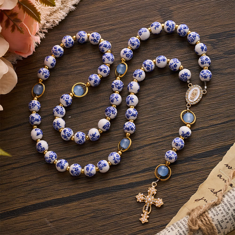 SolaceBeads Handcrafted Blue Floral Ceramic Rosary: A Tapestry of Grace in life - image 2
