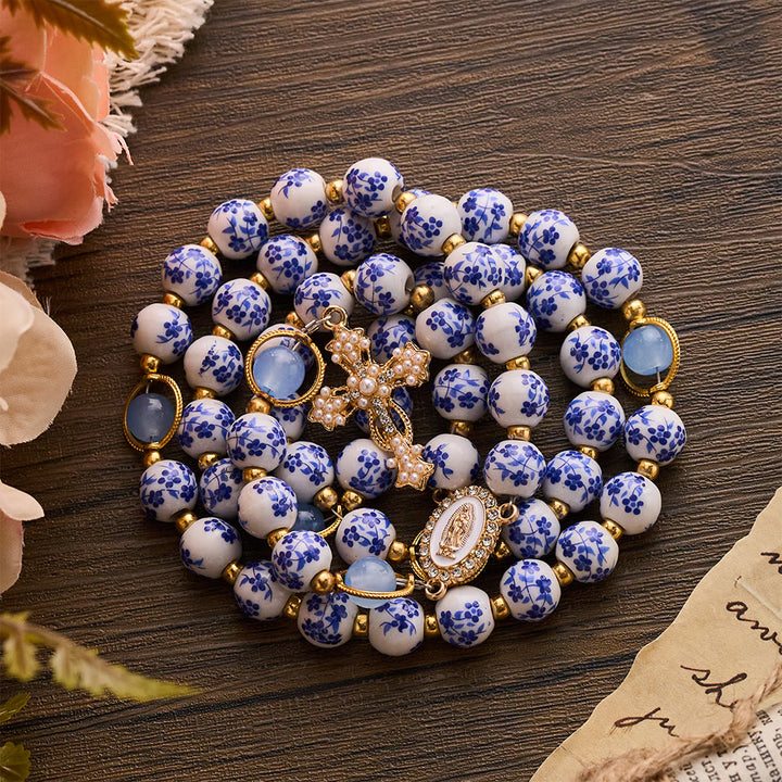 SolaceBeads Handcrafted Blue Floral Ceramic Rosary: A Tapestry of Grace in life - image 3