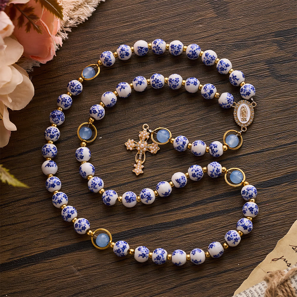 SolaceBeads Handcrafted Blue Floral Ceramic Rosary: A Tapestry of Grace in life - Blue & Flowers - image 0