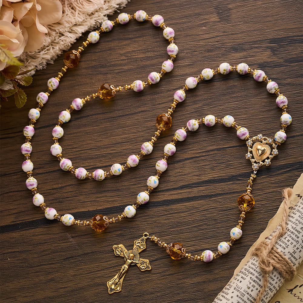 SolaceBeads Lavender Floral With Golden Sacred Heart &amp; Crucifix Rosary: Faith in Every Bead - image 8