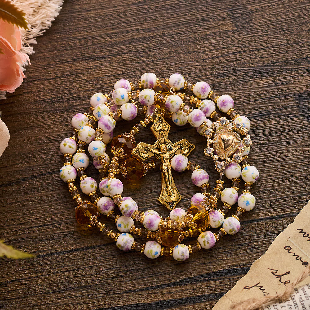 SolaceBeads Lavender Floral With Golden Sacred Heart &amp; Crucifix Rosary: Faith in Every Bead - image 5