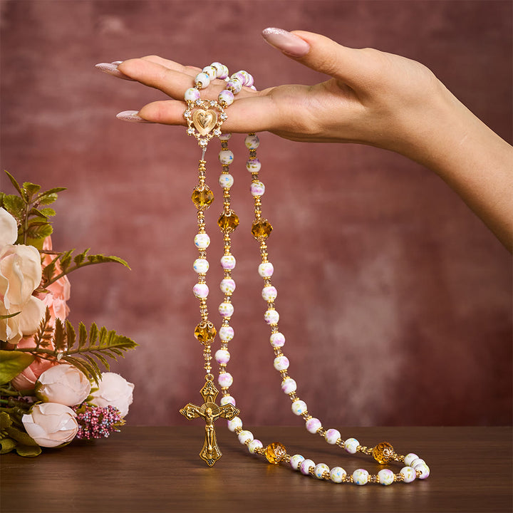 SolaceBeads Lavender Floral With Golden Sacred Heart &amp; Crucifix Rosary: Faith in Every Bead - image 1