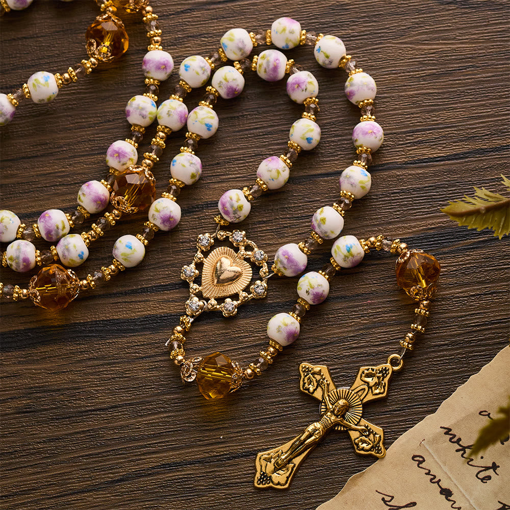SolaceBeads Lavender Floral With Golden Sacred Heart & Crucifix Rosary: Faith in Every Bead - White & Golden - image 0
