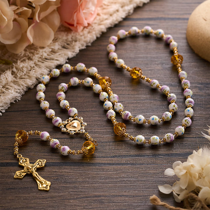 SolaceBeads Lavender Floral With Golden Sacred Heart &amp; Crucifix Rosary: Faith in Every Bead - image 9