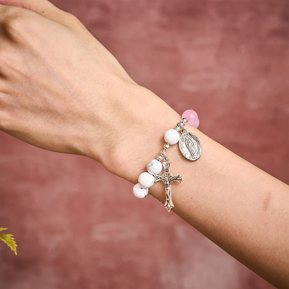 SolaceBeads Divine Cross &amp; Marian Charm Bracelet: Rose Quartz &amp; White Turquoise Devotion - image 1