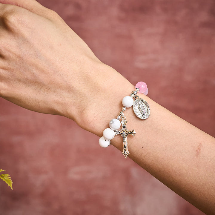 SolaceBeads Divine Cross &amp; Marian Charm Bracelet: Rose Quartz &amp; White Turquoise Devotion - image 1
