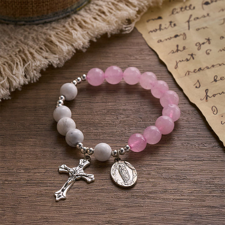 SolaceBeads Divine Cross &amp; Marian Charm Bracelet: Rose Quartz &amp; White Turquoise Devotion - Pink &amp; White - image 0