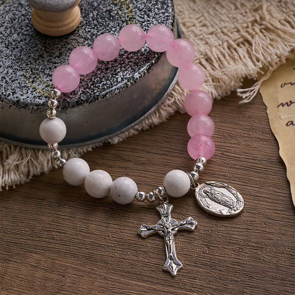 SolaceBeads Divine Cross &amp; Marian Charm Bracelet: Rose Quartz &amp; White Turquoise Devotion - image 7