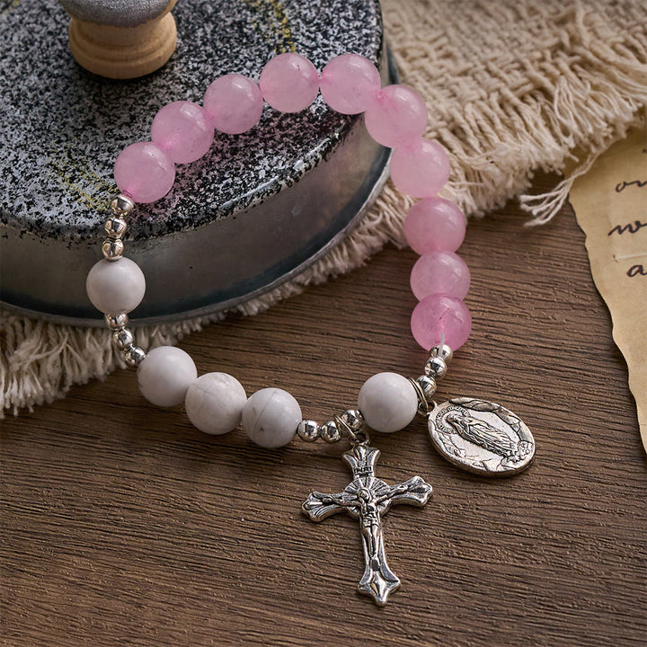 SolaceBeads Divine Cross &amp; Marian Charm Bracelet: Rose Quartz &amp; White Turquoise Devotion - image 7