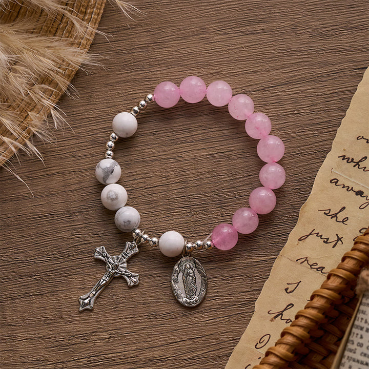 SolaceBeads Divine Cross &amp; Marian Charm Bracelet: Rose Quartz &amp; White Turquoise Devotion - image 6