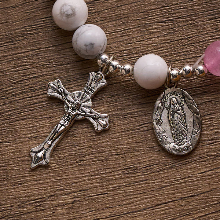 SolaceBeads Divine Cross &amp; Marian Charm Bracelet: Rose Quartz &amp; White Turquoise Devotion - image 5
