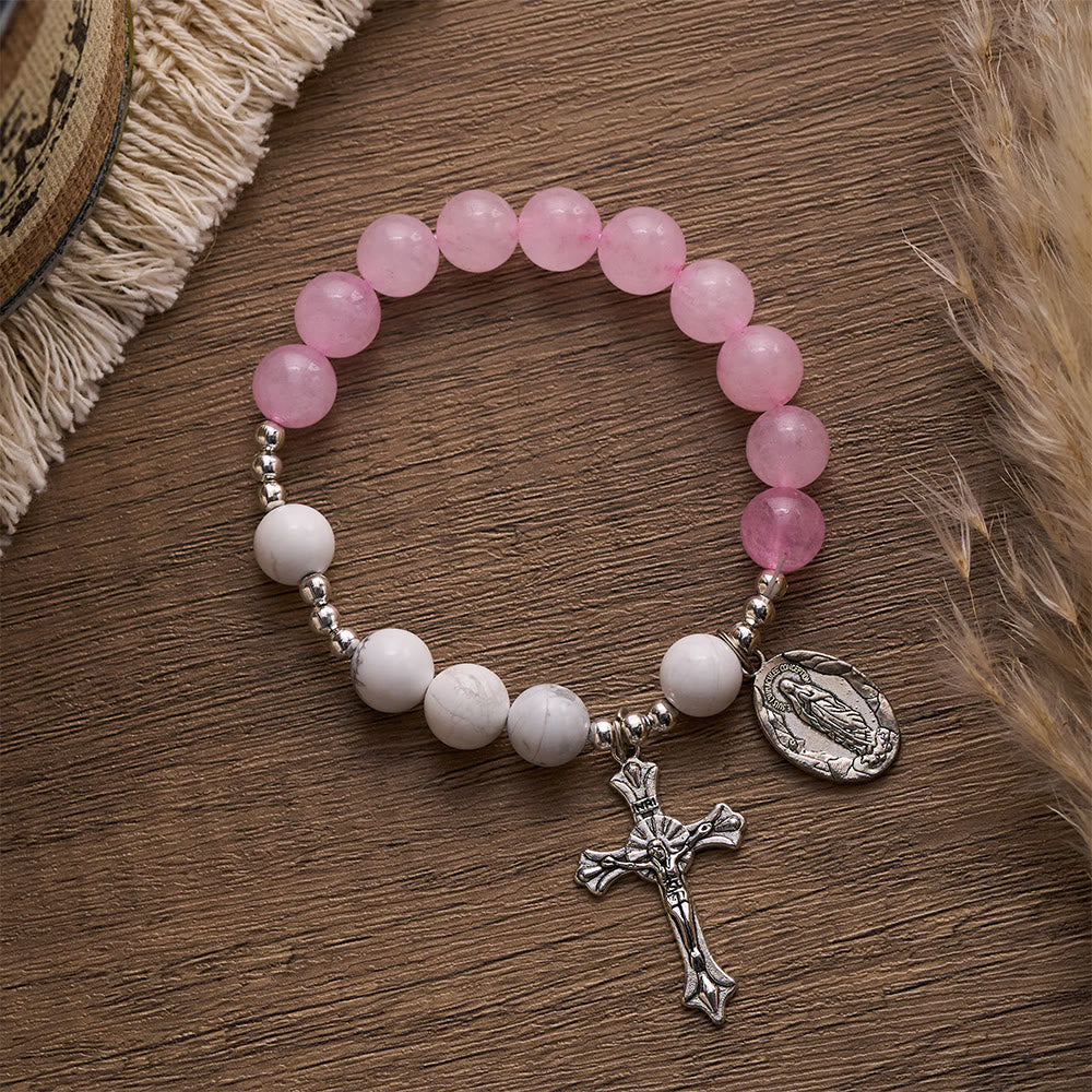SolaceBeads Divine Cross &amp; Marian Charm Bracelet: Rose Quartz &amp; White Turquoise Devotion - image 2