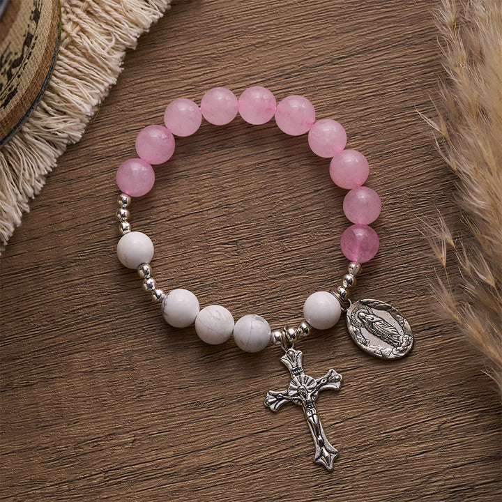 SolaceBeads Divine Cross &amp; Marian Charm Bracelet: Rose Quartz &amp; White Turquoise Devotion - image 2