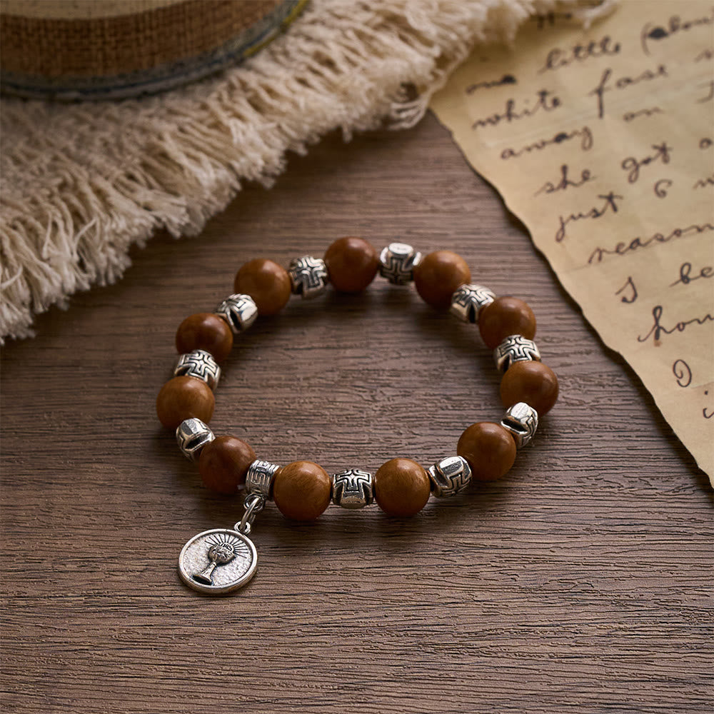 SolaceBeads Peach Wood Bracelet: Blessing of the Wood - Cross Spacers & Chalice and Host medal - Peach Wood - image 0