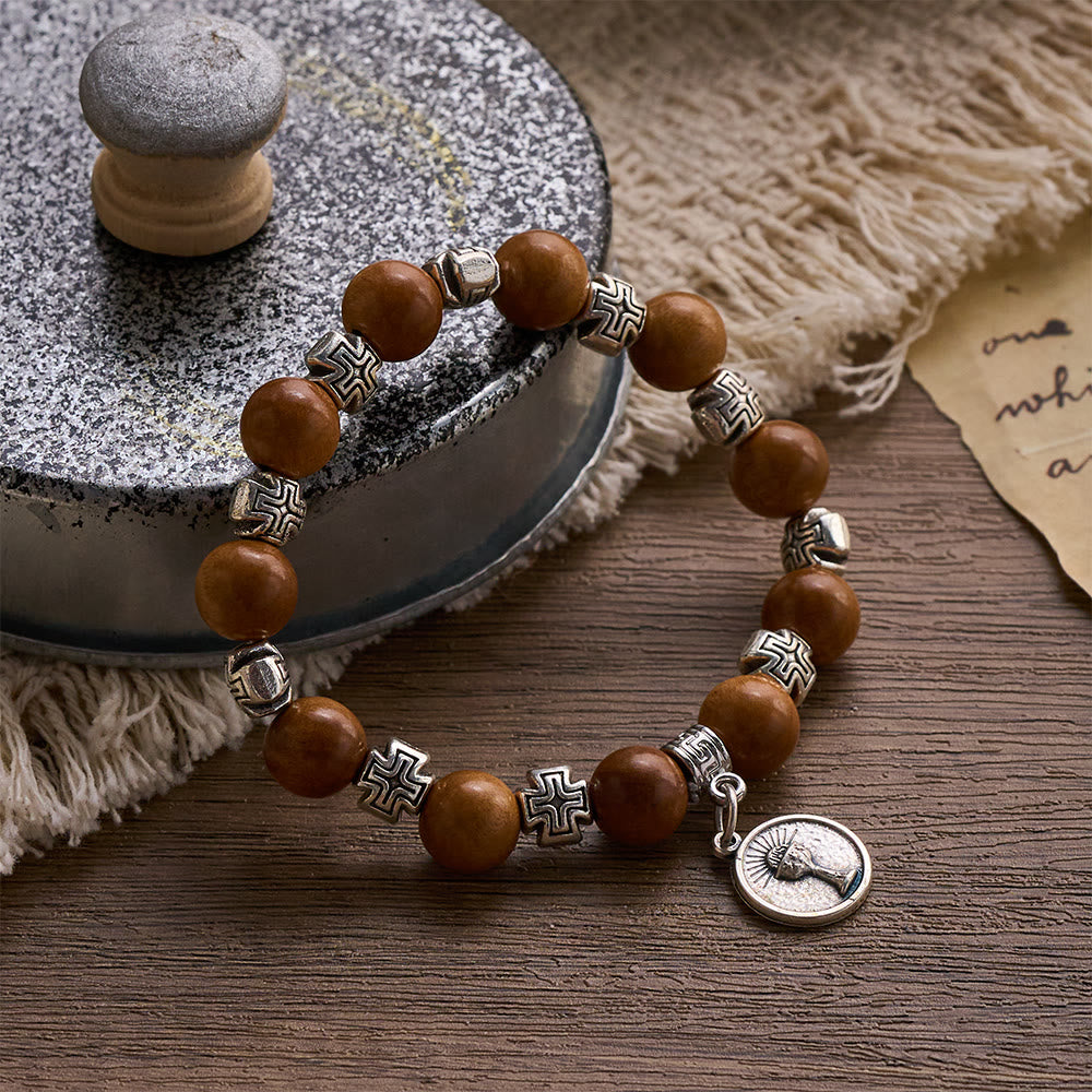 SolaceBeads Peach Wood Bracelet: Blessing of the Wood - Cross Spacers &amp; Chalice and Host medal - image 6