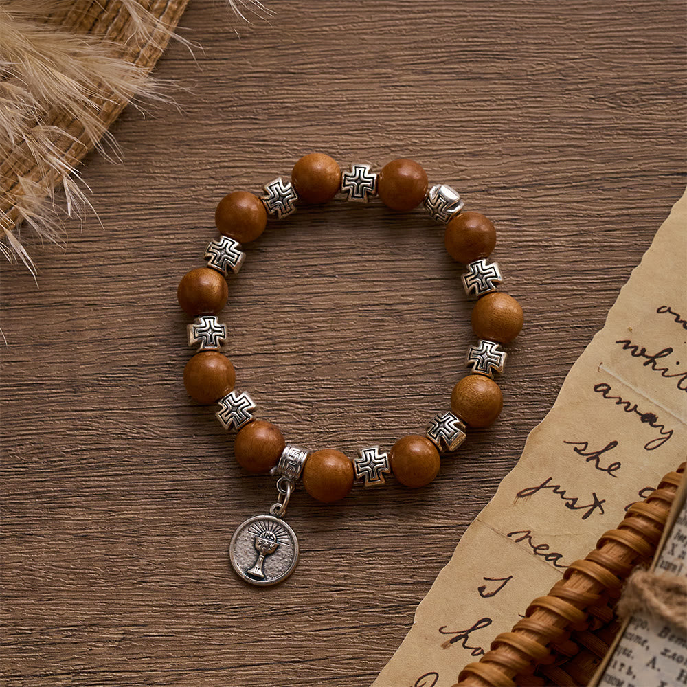 SolaceBeads Peach Wood Bracelet: Blessing of the Wood - Cross Spacers &amp; Chalice and Host medal - image 4