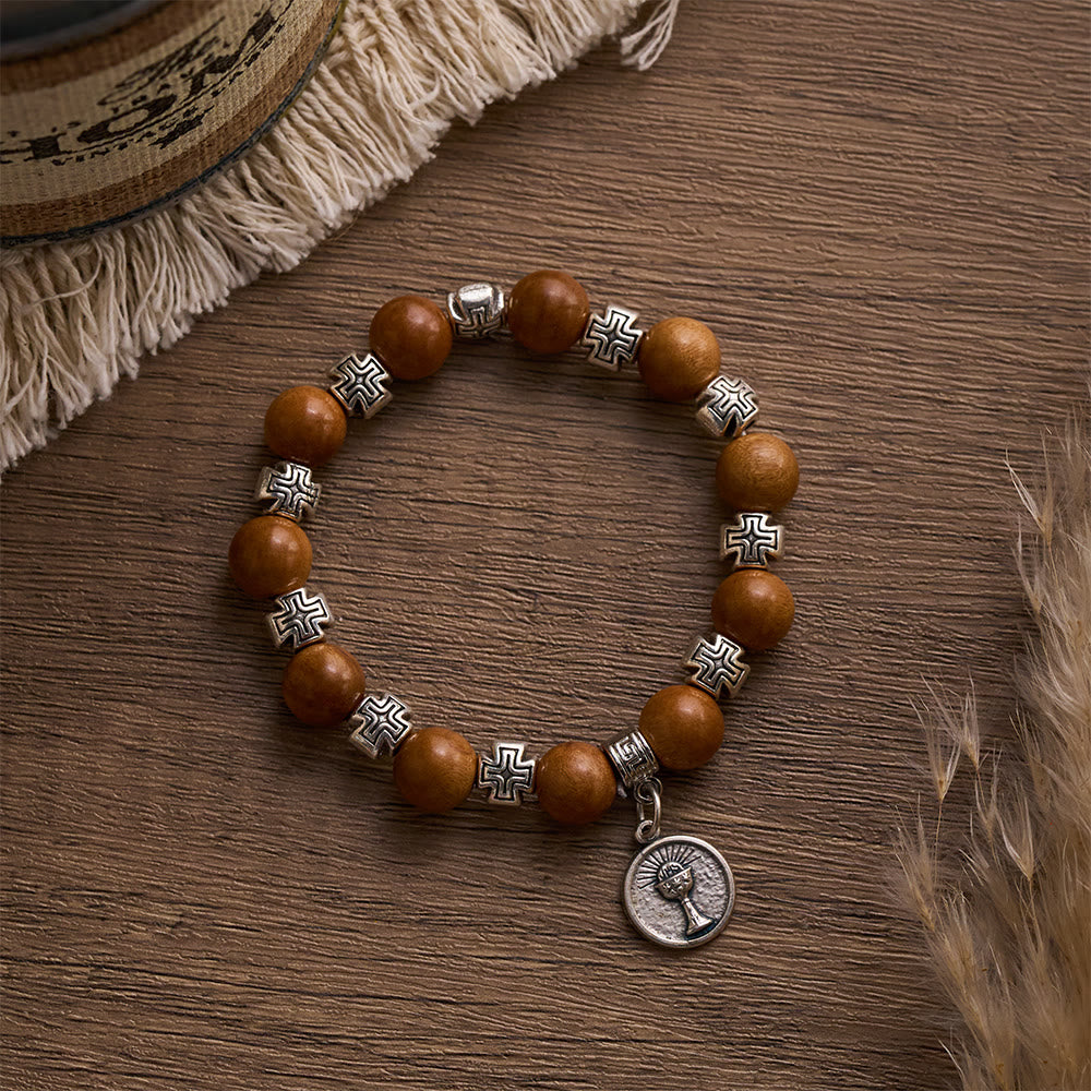 SolaceBeads Peach Wood Bracelet: Blessing of the Wood - Cross Spacers &amp; Chalice and Host medal - image 5