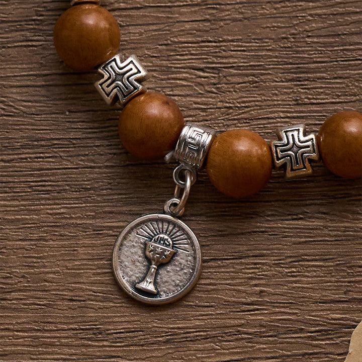 SolaceBeads Peach Wood Bracelet: Blessing of the Wood - Cross Spacers &amp; Chalice and Host medal - image 3