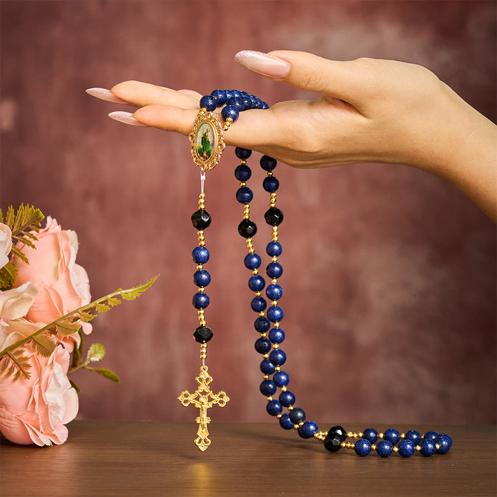 SolaceBeads Lapis &amp; Black Crystal Accents Rosary With Gold Crucifix: Eternal Blessing Of St. Jude - image 1