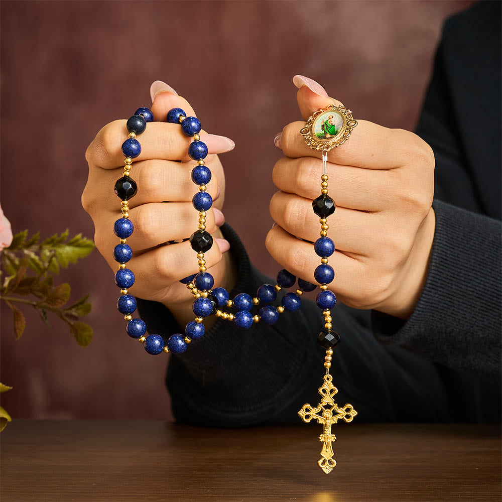 SolaceBeads Lapis &amp; Black Crystal Accents Rosary With Gold Crucifix: Eternal Blessing Of St. Jude - image 2
