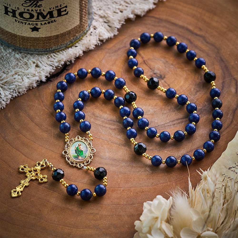 SolaceBeads Lapis &amp; Black Crystal Accents Rosary With Gold Crucifix: Eternal Blessing Of St. Jude - image 7