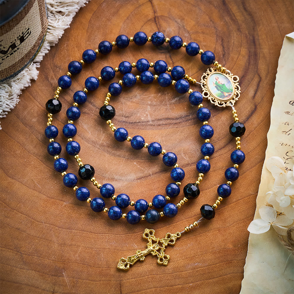 SolaceBeads Lapis & Black Crystal Accents Rosary With Gold Crucifix: Eternal Blessing Of St. Jude - Lapis Lazuli Stone - image 0