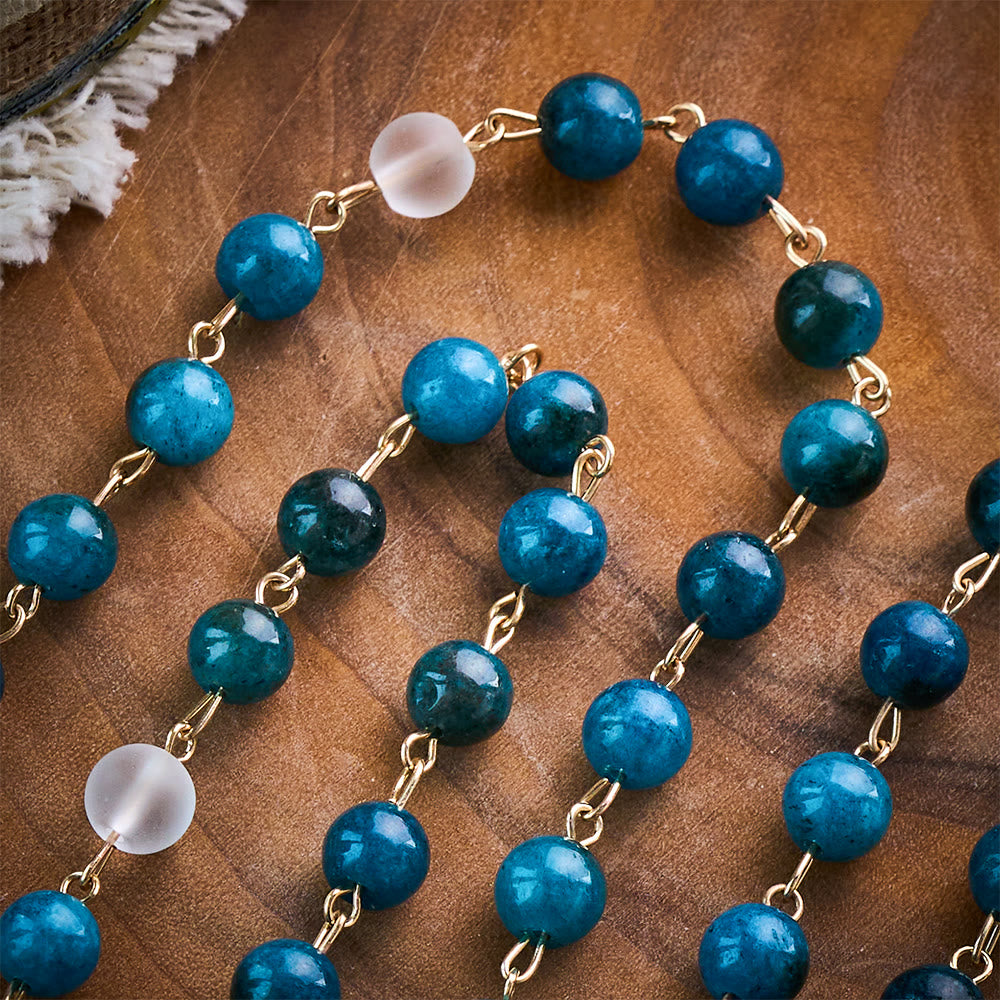 Solacebeads Blue Apatite &amp; White Frosted Stone Rosary With Crucifix: St. Michael&