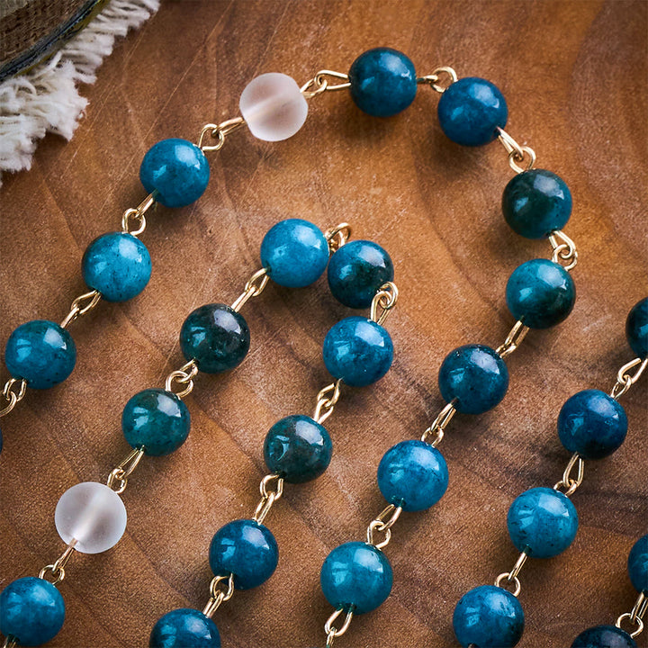 Solacebeads Blue Apatite &amp; White Frosted Stone Rosary With Crucifix: St. Michael&