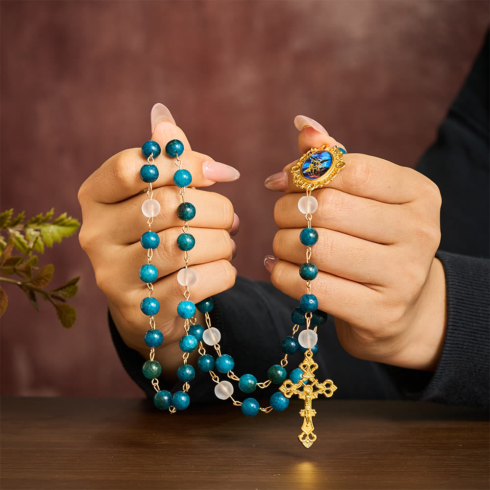 Solacebeads Blue Apatite &amp; White Frosted Stone Rosary With Crucifix: St. Michael&