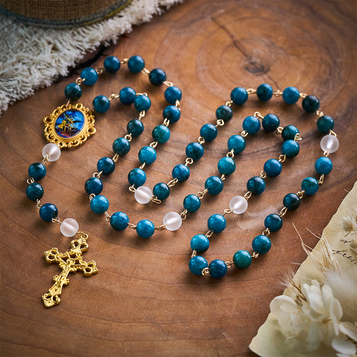 Solacebeads Blue Apatite &amp; White Frosted Stone Rosary With Crucifix: St. Michael&