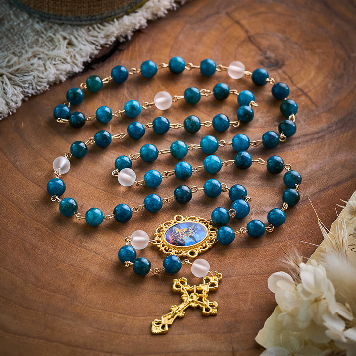Solacebeads Blue Apatite &amp; White Frosted Stone Rosary With Crucifix: St. Michael&