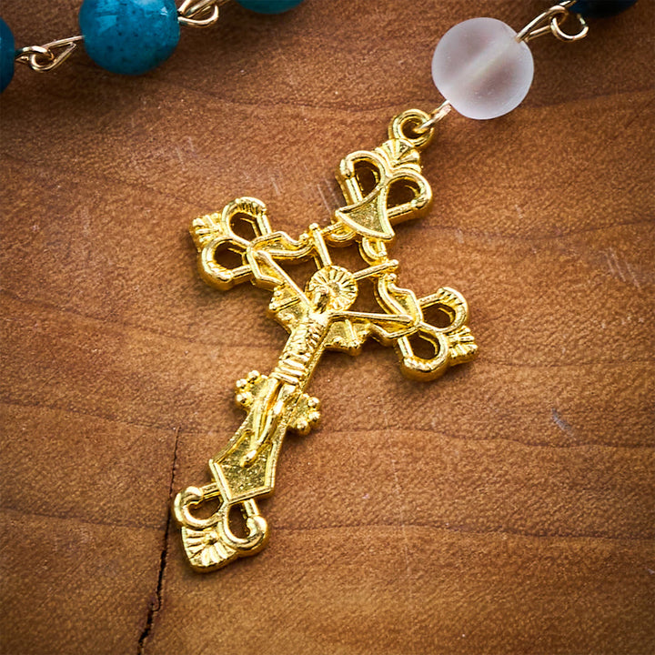 Solacebeads Blue Apatite &amp; White Frosted Stone Rosary With Crucifix: St. Michael&