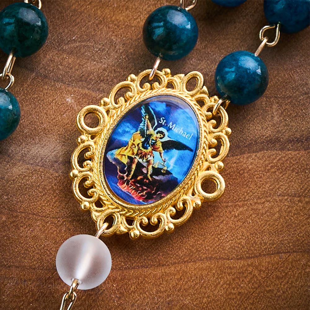 Solacebeads Blue Apatite &amp; White Frosted Stone Rosary With Crucifix: St. Michael&