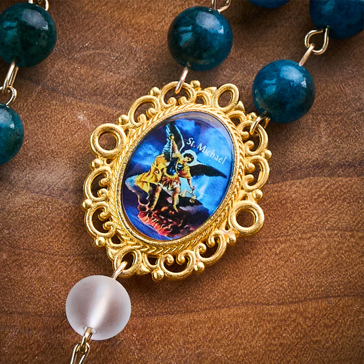 Solacebeads Blue Apatite &amp; White Frosted Stone Rosary With Crucifix: St. Michael&