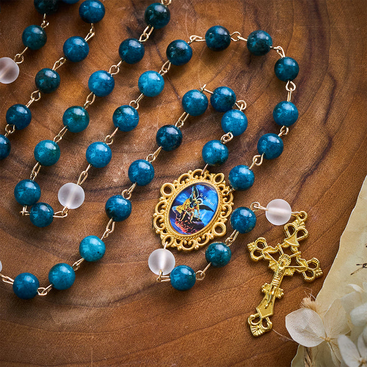 Solacebeads Blue Apatite &amp; White Frosted Stone Rosary With Crucifix: St. Michael&