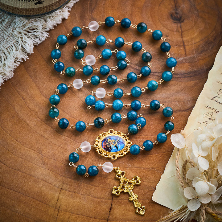 Solacebeads Blue Apatite &amp; White Frosted Stone Rosary With Crucifix: St. Michael&